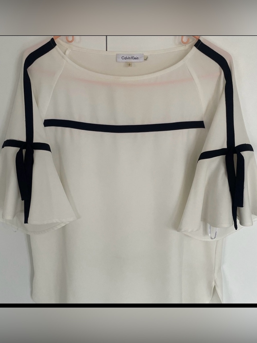 Calvin Klein White Bell Sleeve Blouse Black Trim S
